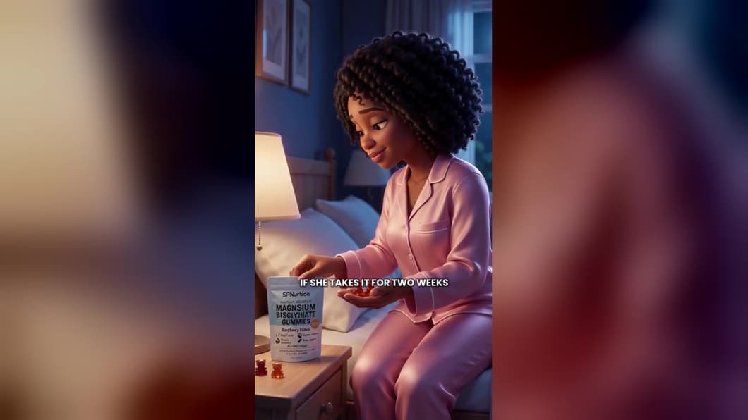 Animated woman in pink pyjamas taking SPNutrition gummies at her bedside