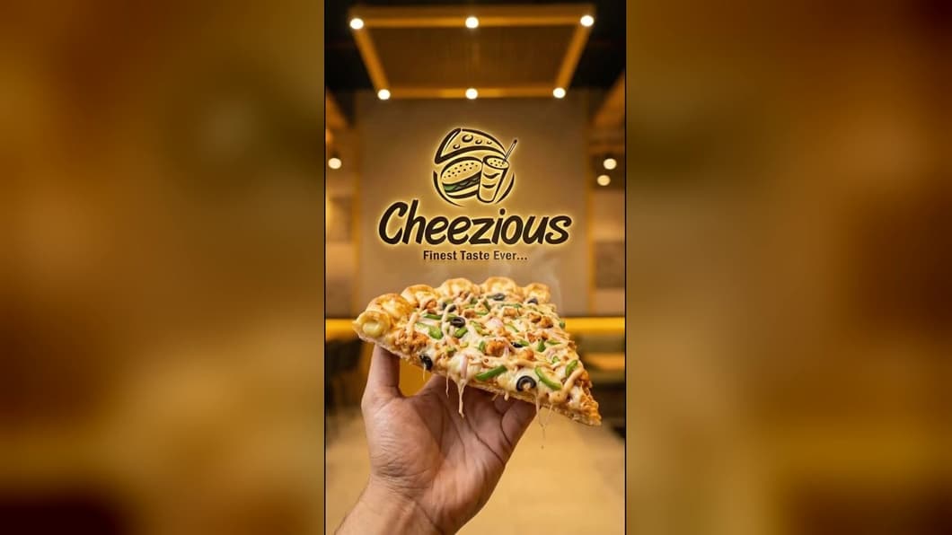 A hand holding a Crown Crust pizza slice in front of the glowing Cheezious logo
