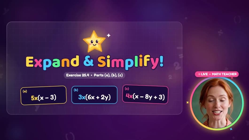 “Expand & Simplify!” title card with three practice questions and the AI math teacher