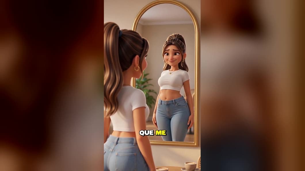 Animated woman smiling at her new figure in an arched gold mirror