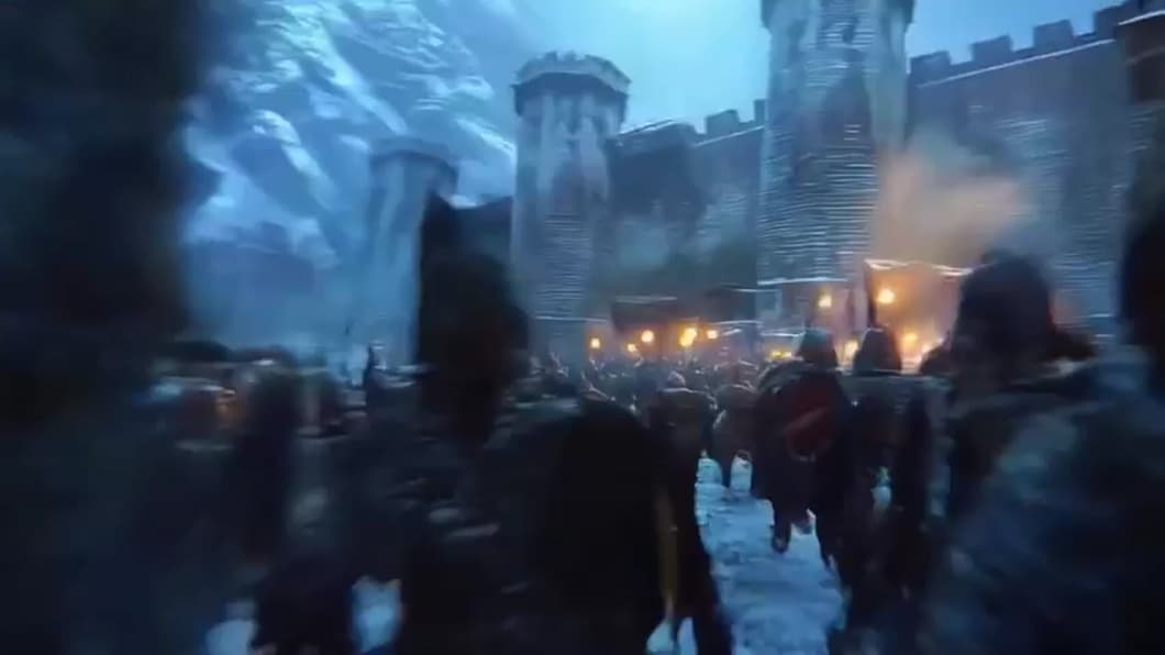 Soldiers march through the snow toward the fortress walls