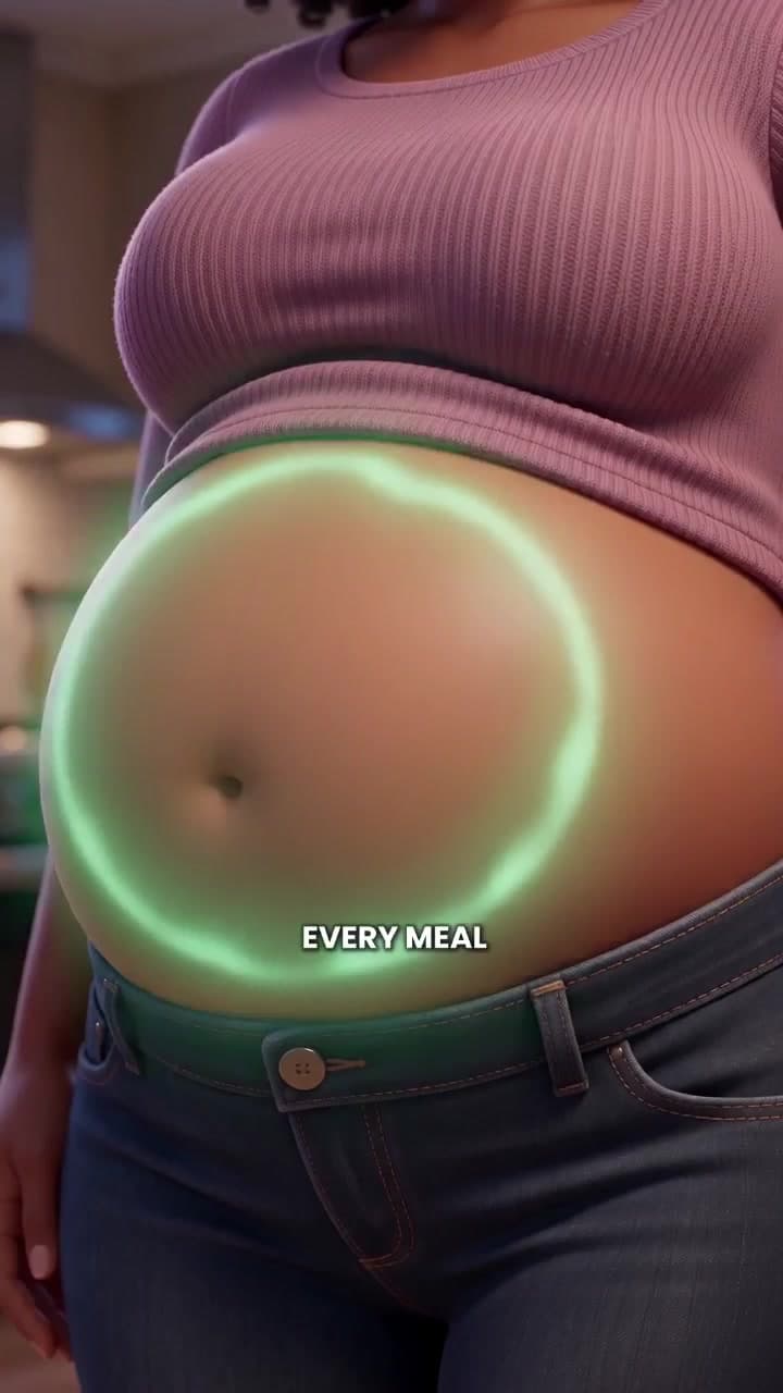 A glowing green ring around a bloated stomach after a meal