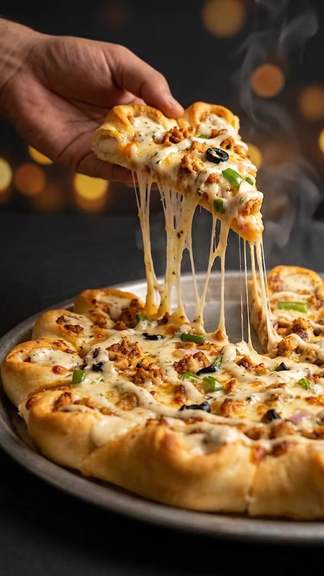 A slice lifted from a fresh pizza with a long cheese pull
