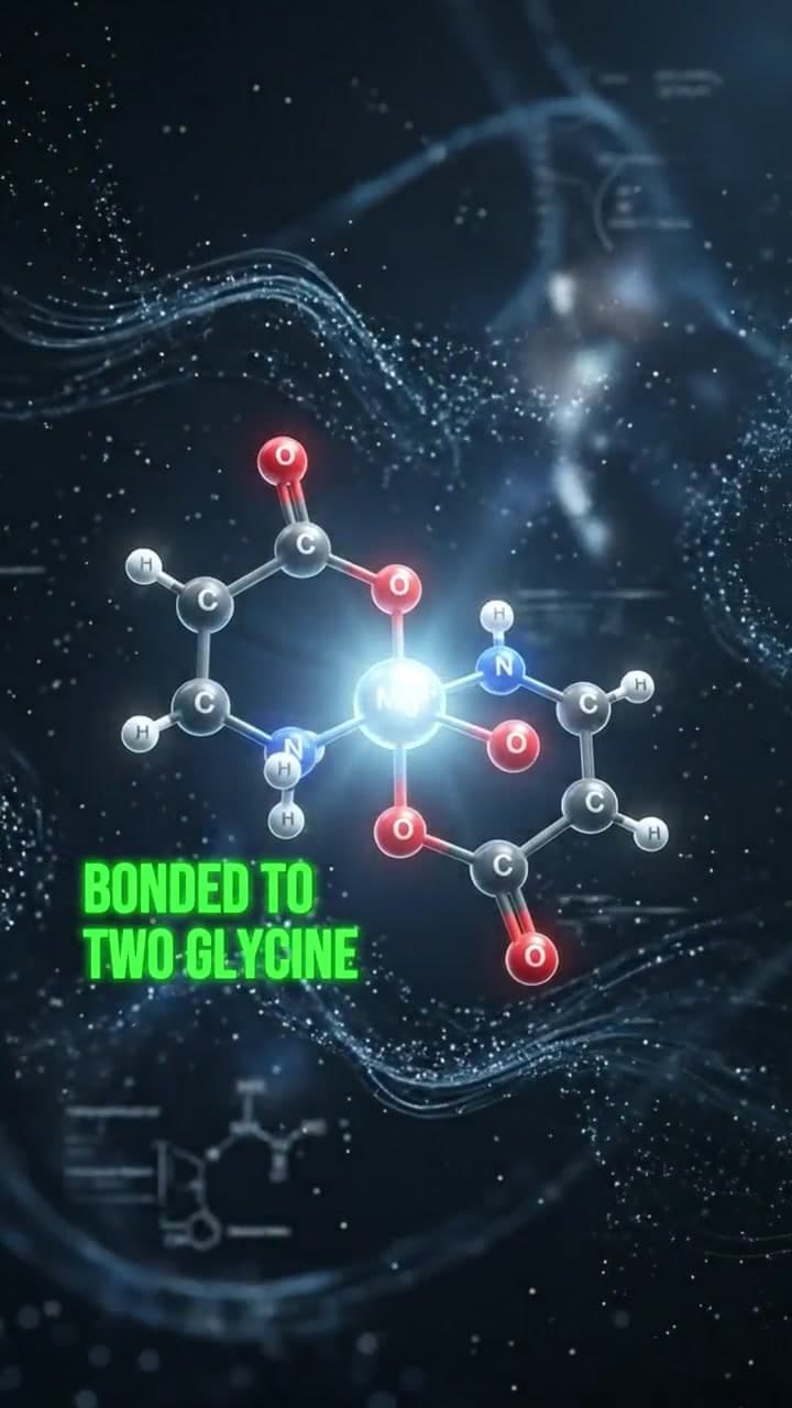 Glowing 3D molecule with the caption “Bonded to two glycine”