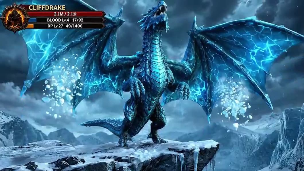 The ice dragon Cliffdrake roars from a snowy cliff