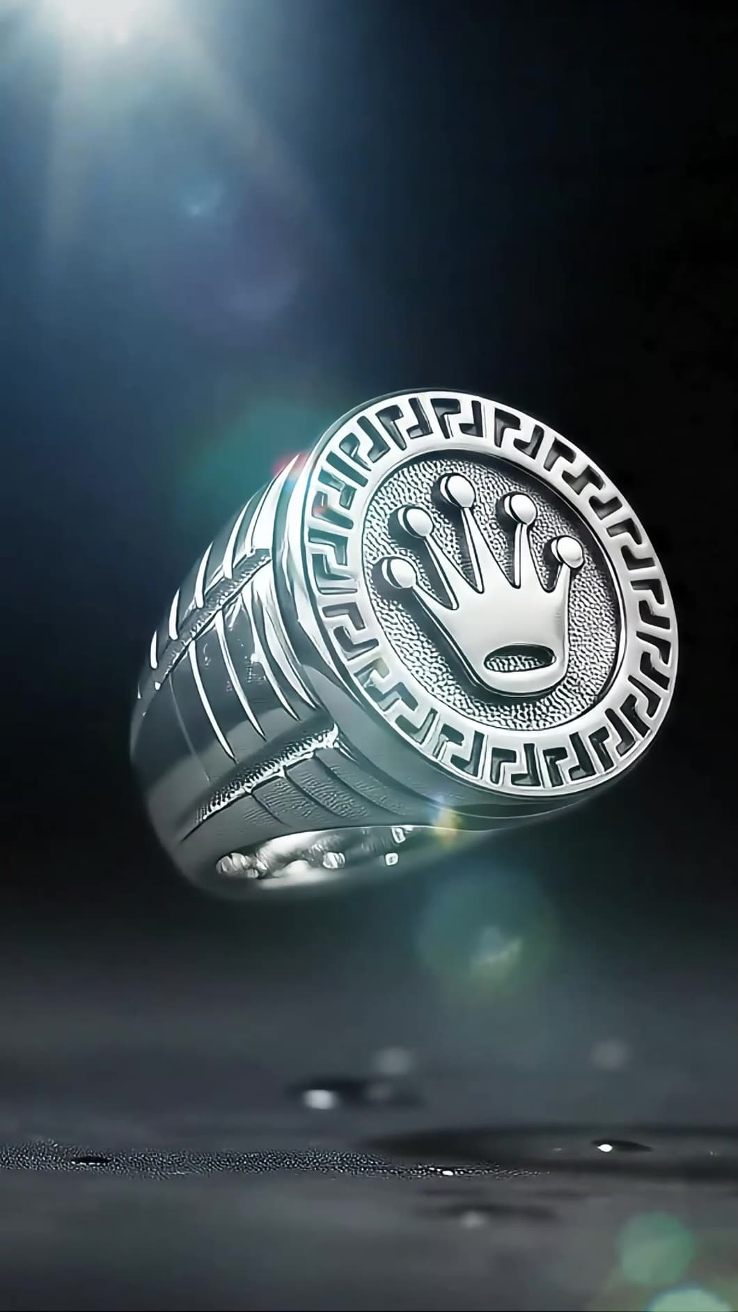 The ring floating in a beam of light with a soft lens flare