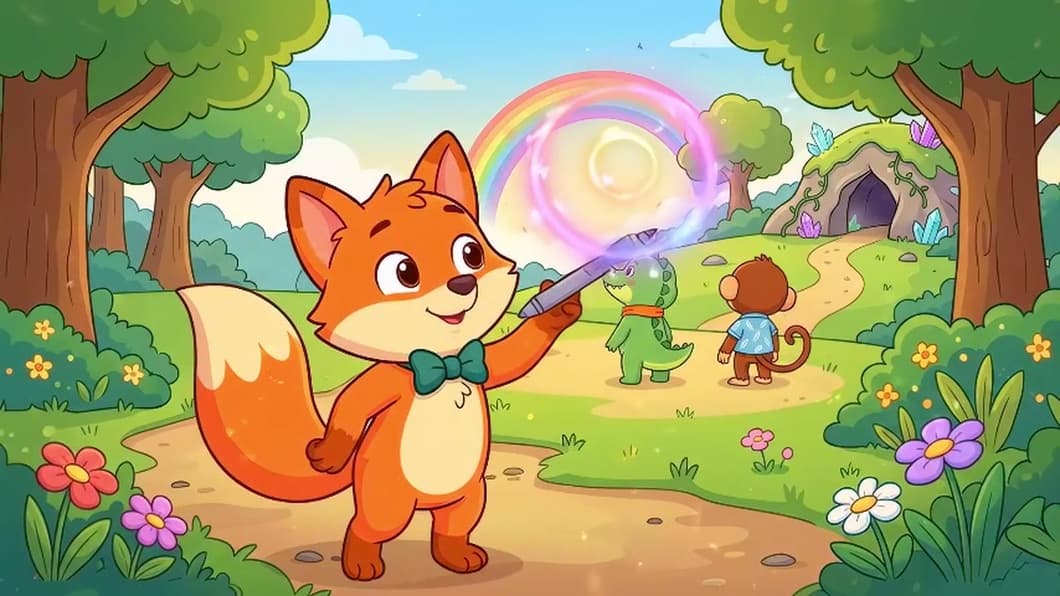The fox draws a glowing swirl in the air with a magic pencil