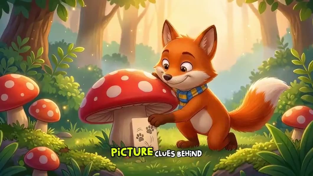 Foxy hides a picture clue under a red mushroom