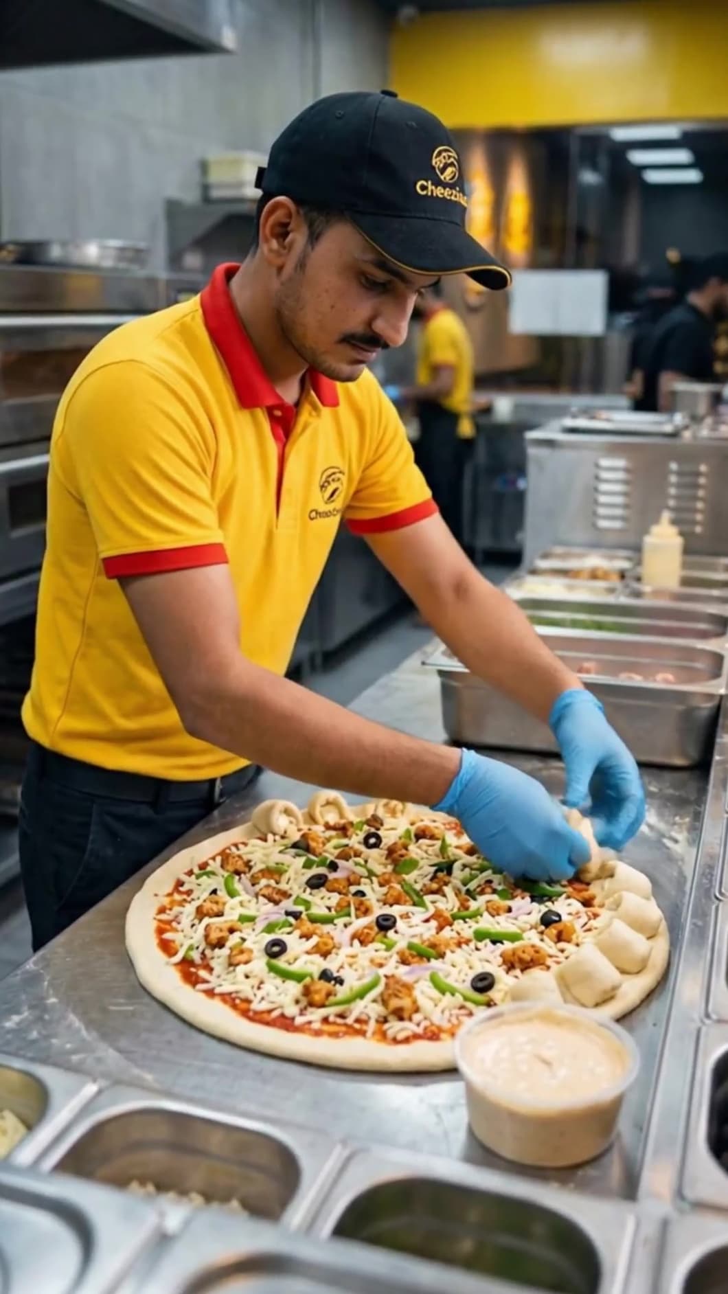 A Cheezious chef in uniform topping a pizza in the kitchen