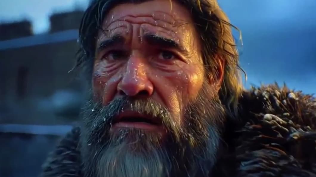 Close-up of the grey-bearded commander as fear sets in