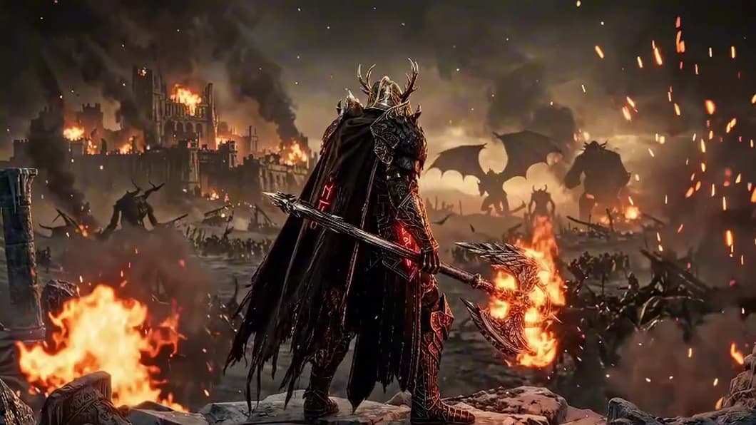 A dark knight with a flaming axe walks through a burning battlefield