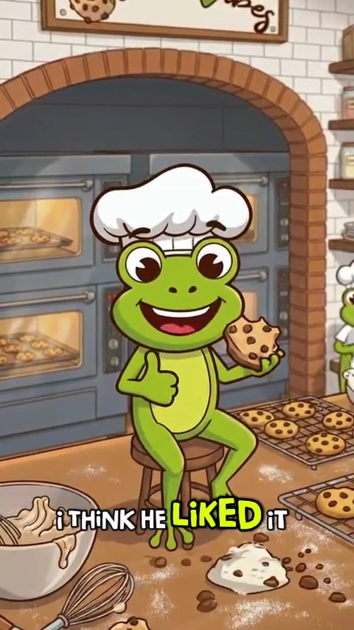 The frog chef gives a thumbs-up while munching a fresh cookie