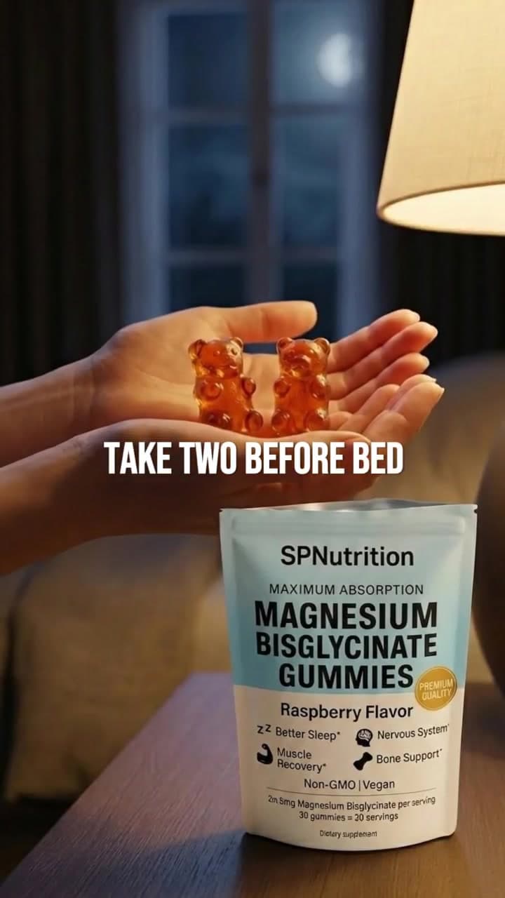 Raspberry gummies in an open hand beside the pack, with the caption “Take two before bed”