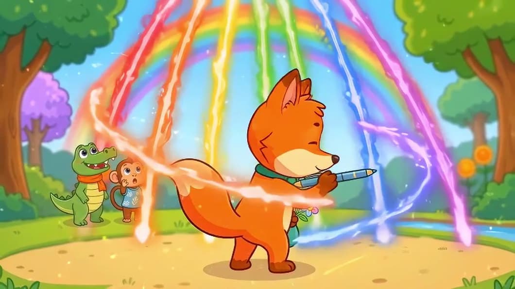 Rainbow beams burst around the fox as the spell goes wrong