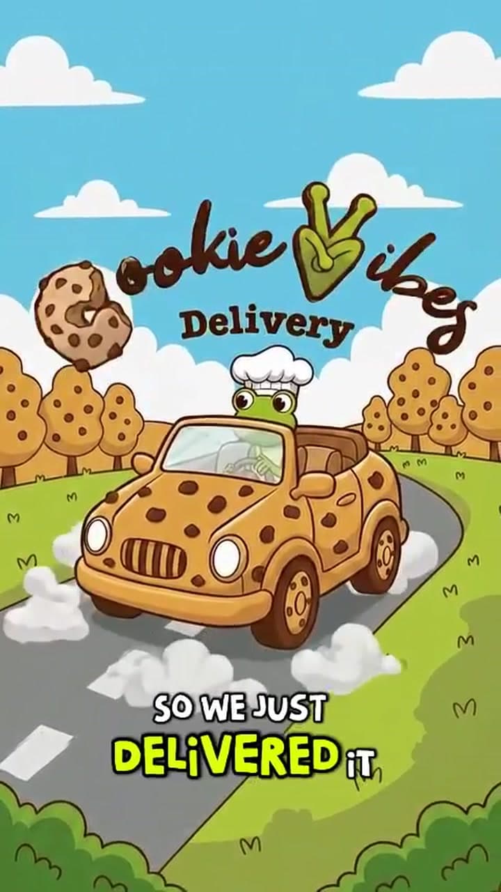 The frog chef drives a cookie-shaped car for Cookie Vibes Delivery