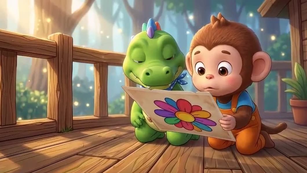 Croco and Momo study a rainbow flower drawing on the balcony