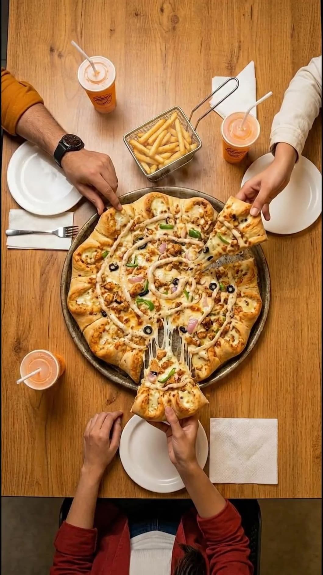Top-down view of friends pulling slices from a Crown Crust pizza