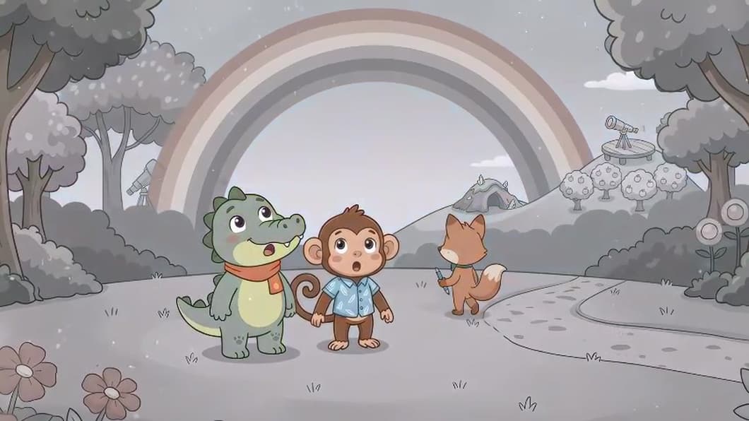 The friends stand in a forest drained of all colour