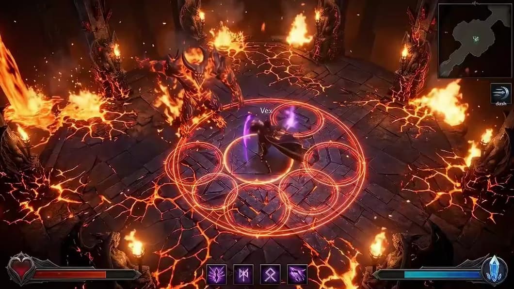 Gameplay: a hero casts a fire rune circle in a lava arena