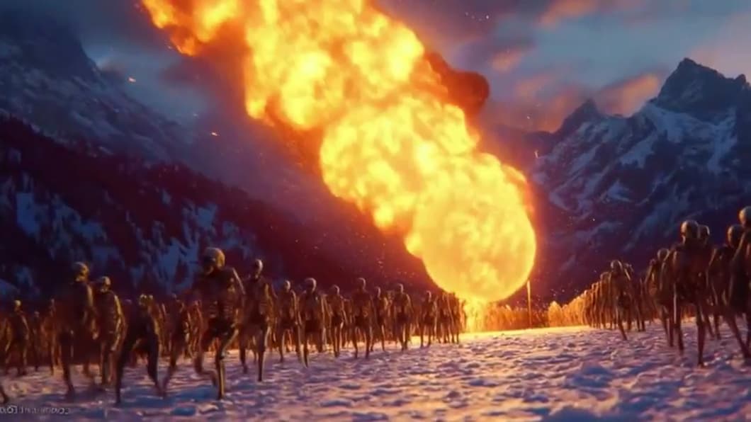 A fireball streaks over an advancing skeleton army