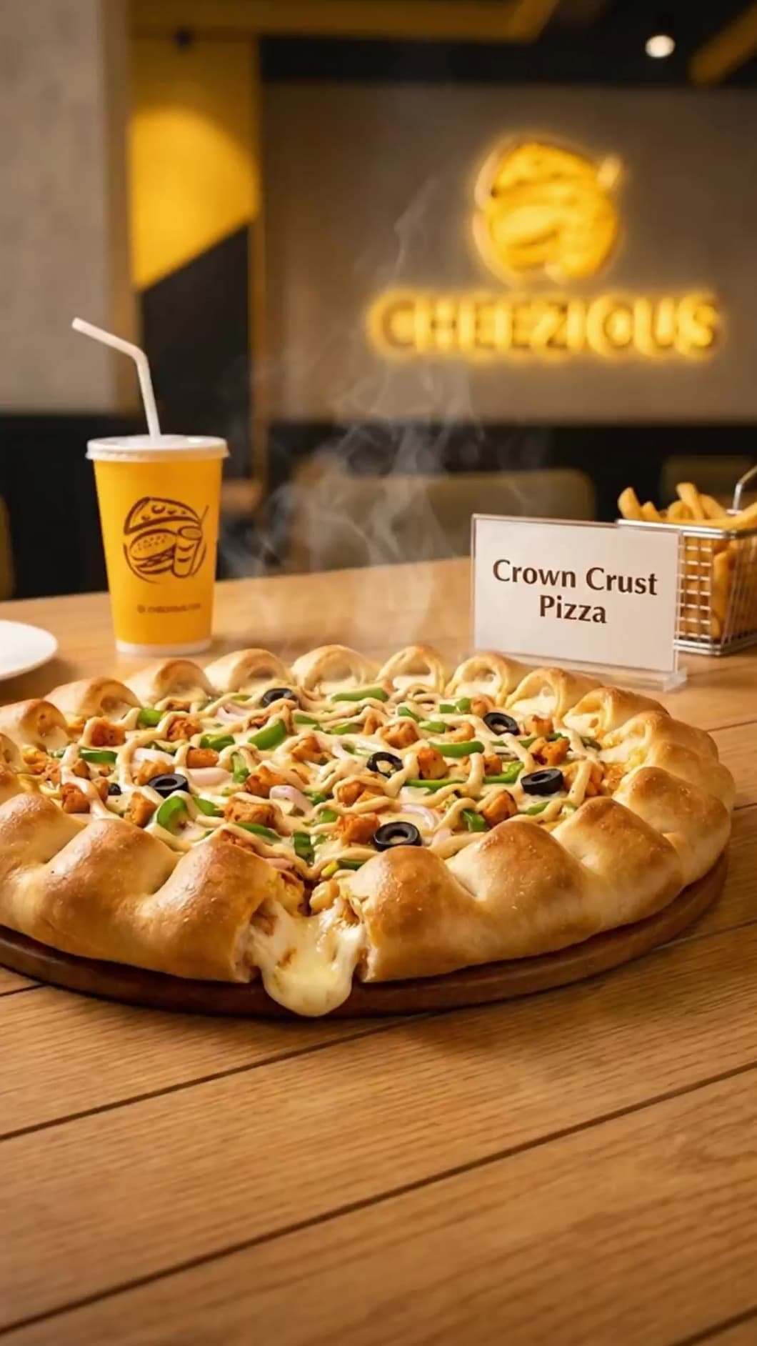 Crown Crust Pizza on a wooden table with a branded drink and fries