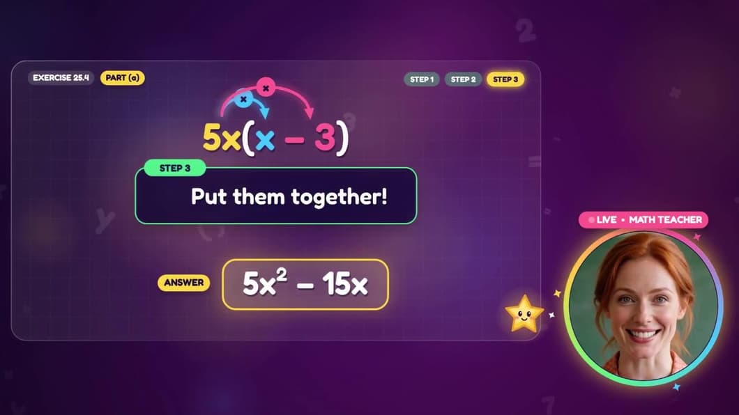 Final answer 5x² − 15x highlighted, with the teacher smiling
