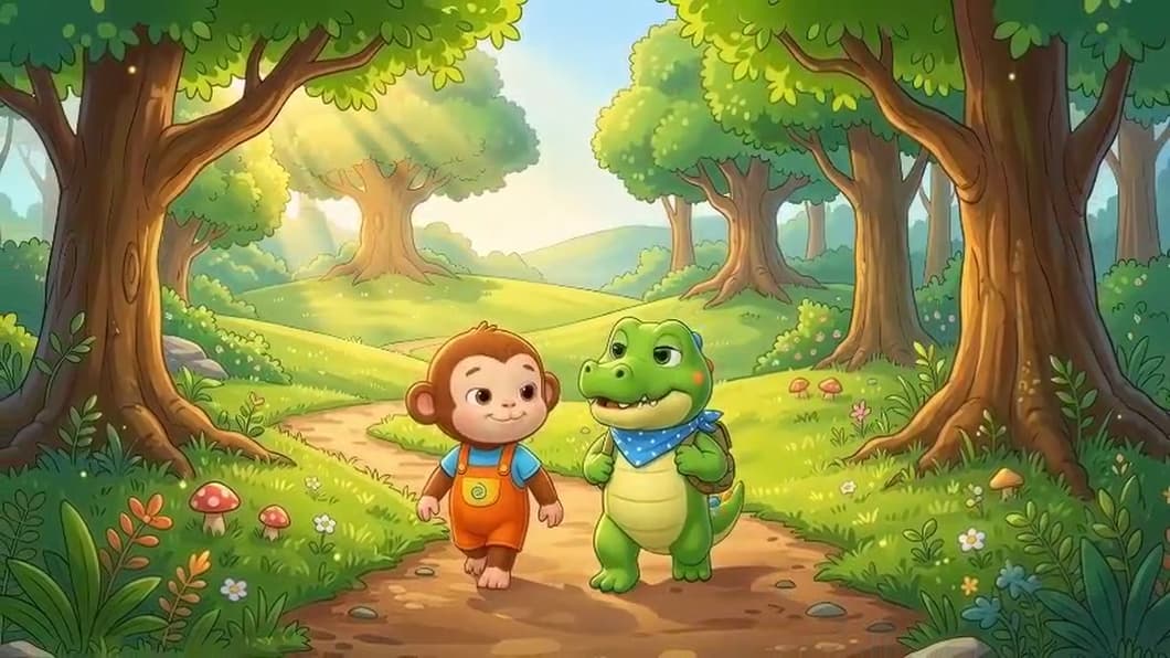 The two friends set off down a sunny forest path