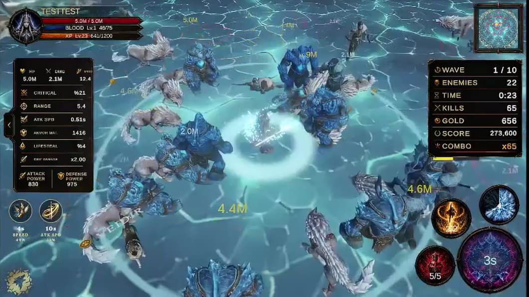 Gameplay: an ice shockwave hits a wave of enemies, with the score and combo on screen