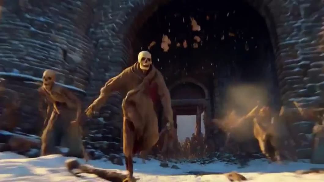 Skeleton warriors rush through the broken castle gates