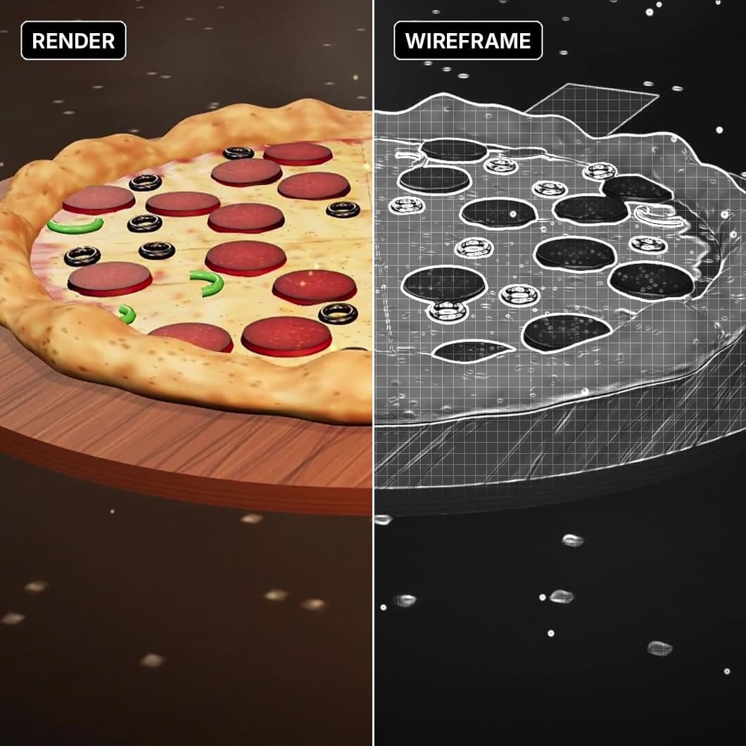 Split view of the 3D pizza: the final render on the left and a wireframe-style breakdown on the right