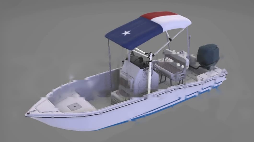 Front three-quarter view with the Texas-flag bimini top