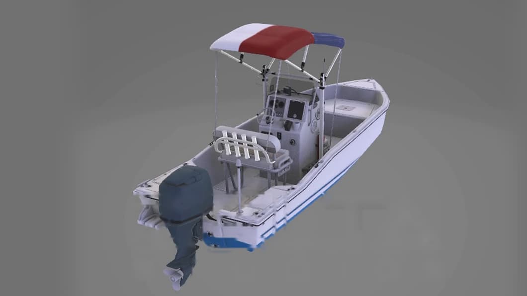 Rear three-quarter view showing the outboard and leaning post