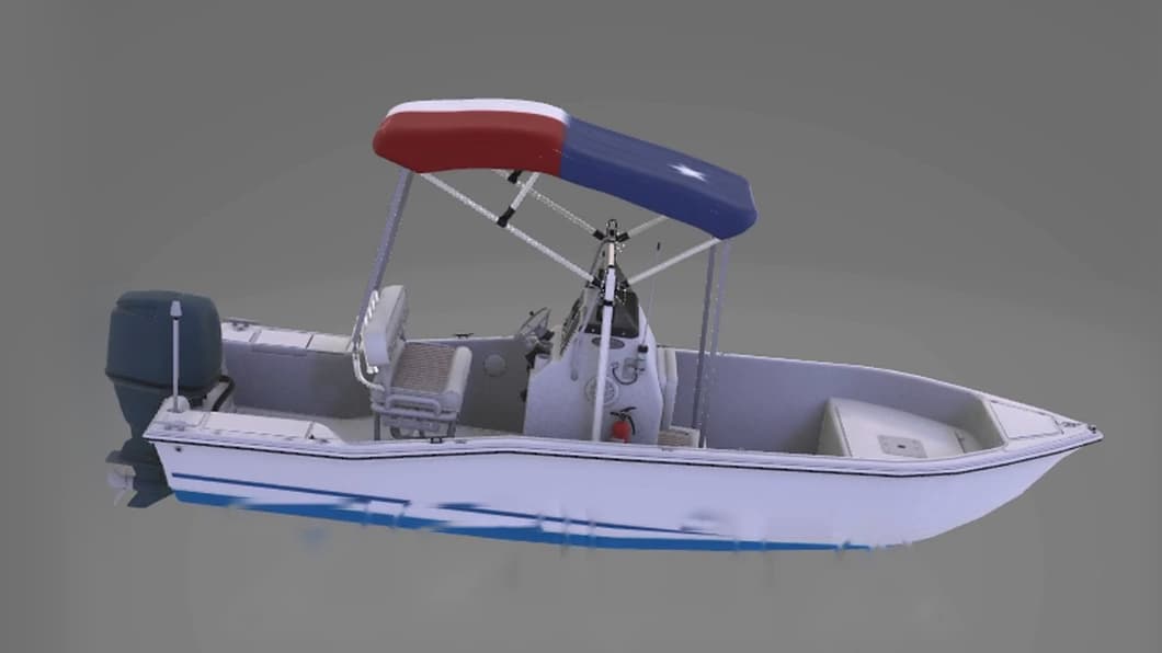 Side profile with the outboard motor and blue hull stripe