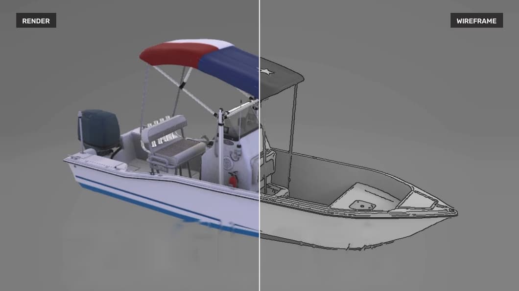 3D center-console render & wireframe fishing boat with a Texas-flag bimini top