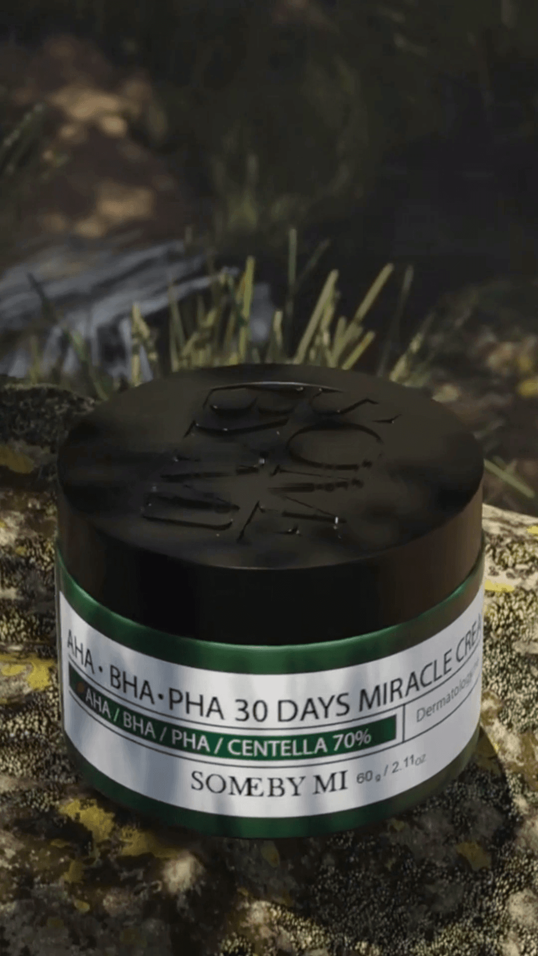 The jar on moss-covered stone, label in full