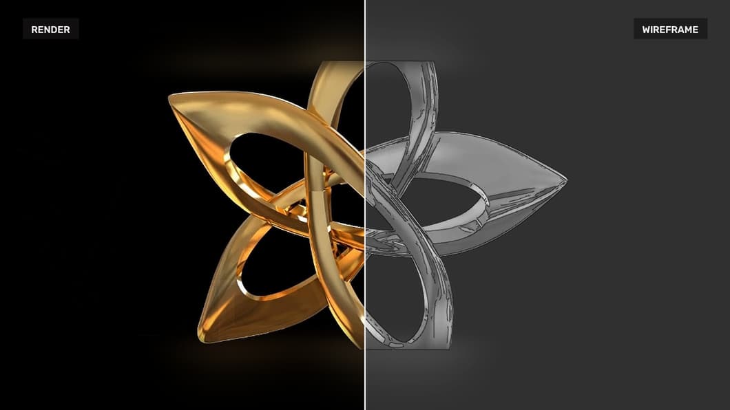 Gold star pendant necklace rendered and wireframe in 3D on a black background