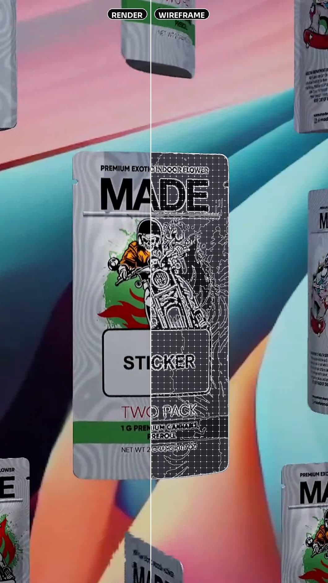 Silver MADE pouch split in two: the finished 3D render on the left and the wireframe mesh on the right