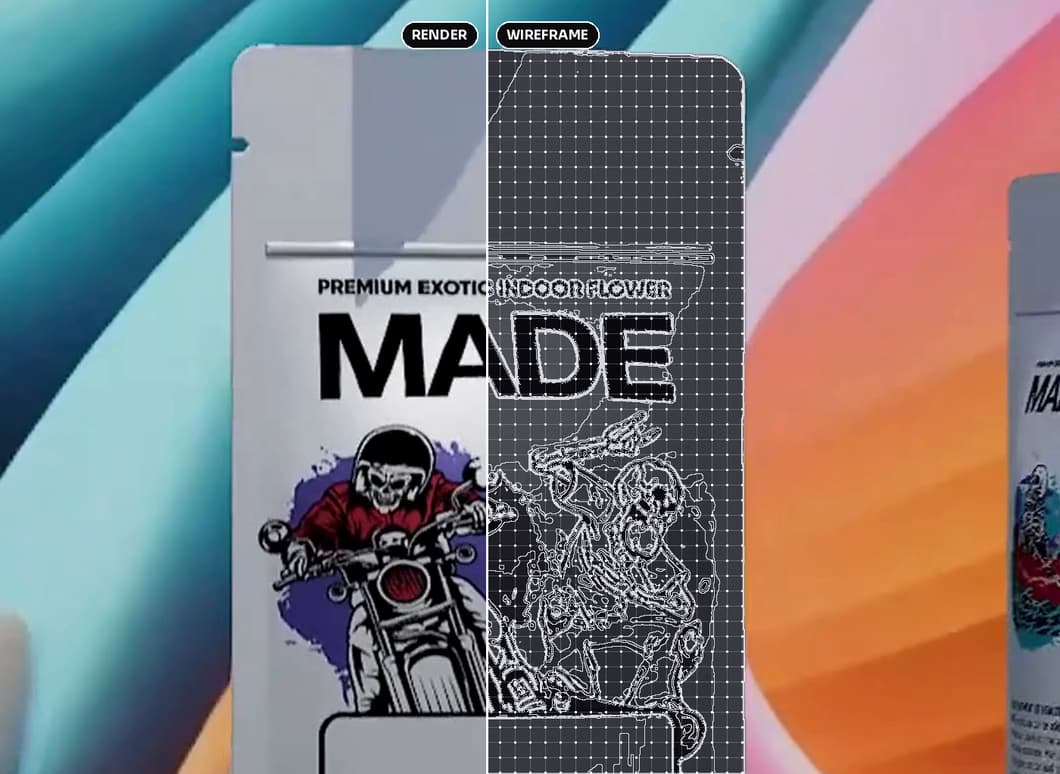 MADE pre-roll pouch, split down the middle: the finished 3D render on the left and its wireframe on the right