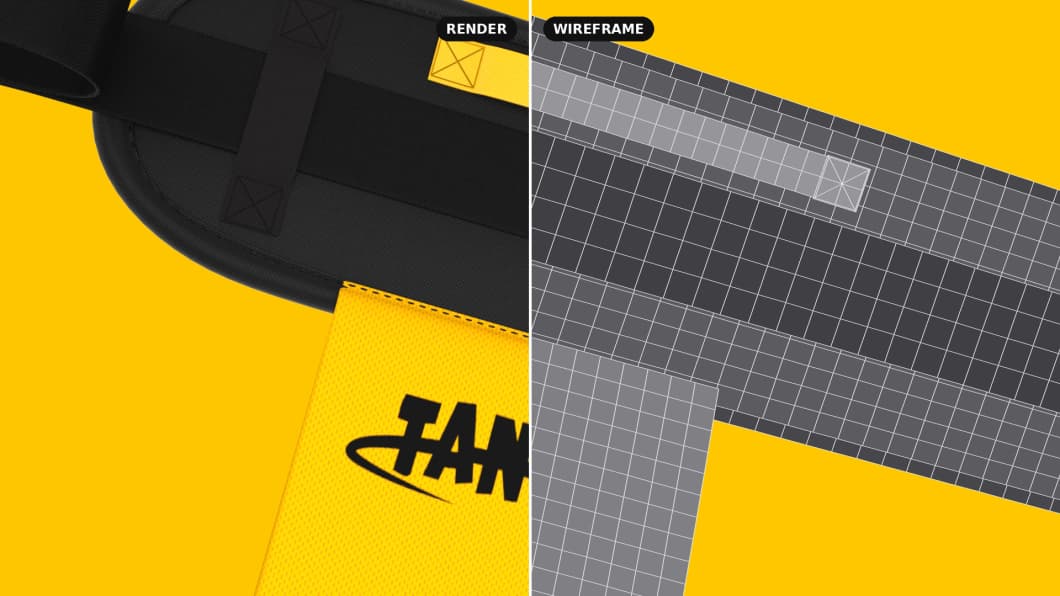 TANGO belt 3D render, front view with yellow branded tag, on a yellow background