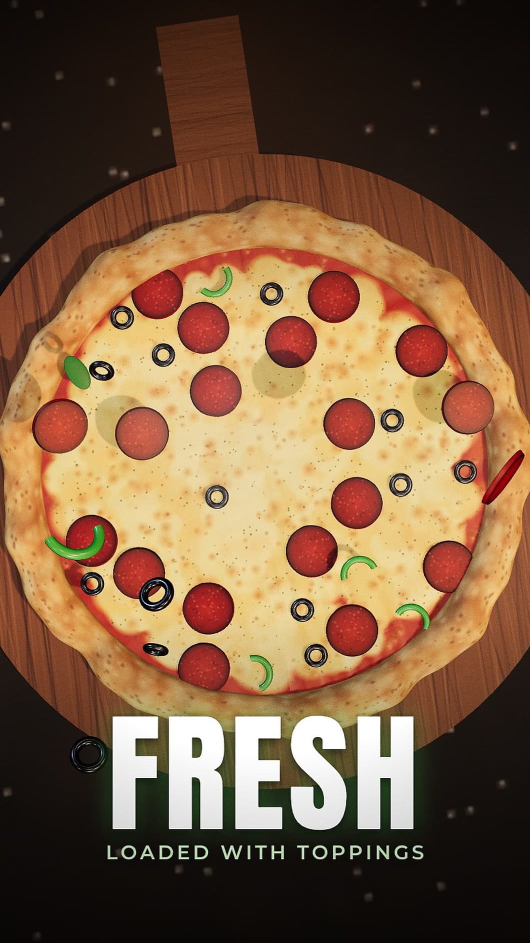 Top-down 3D pizza loaded with toppings under the word “Fresh”