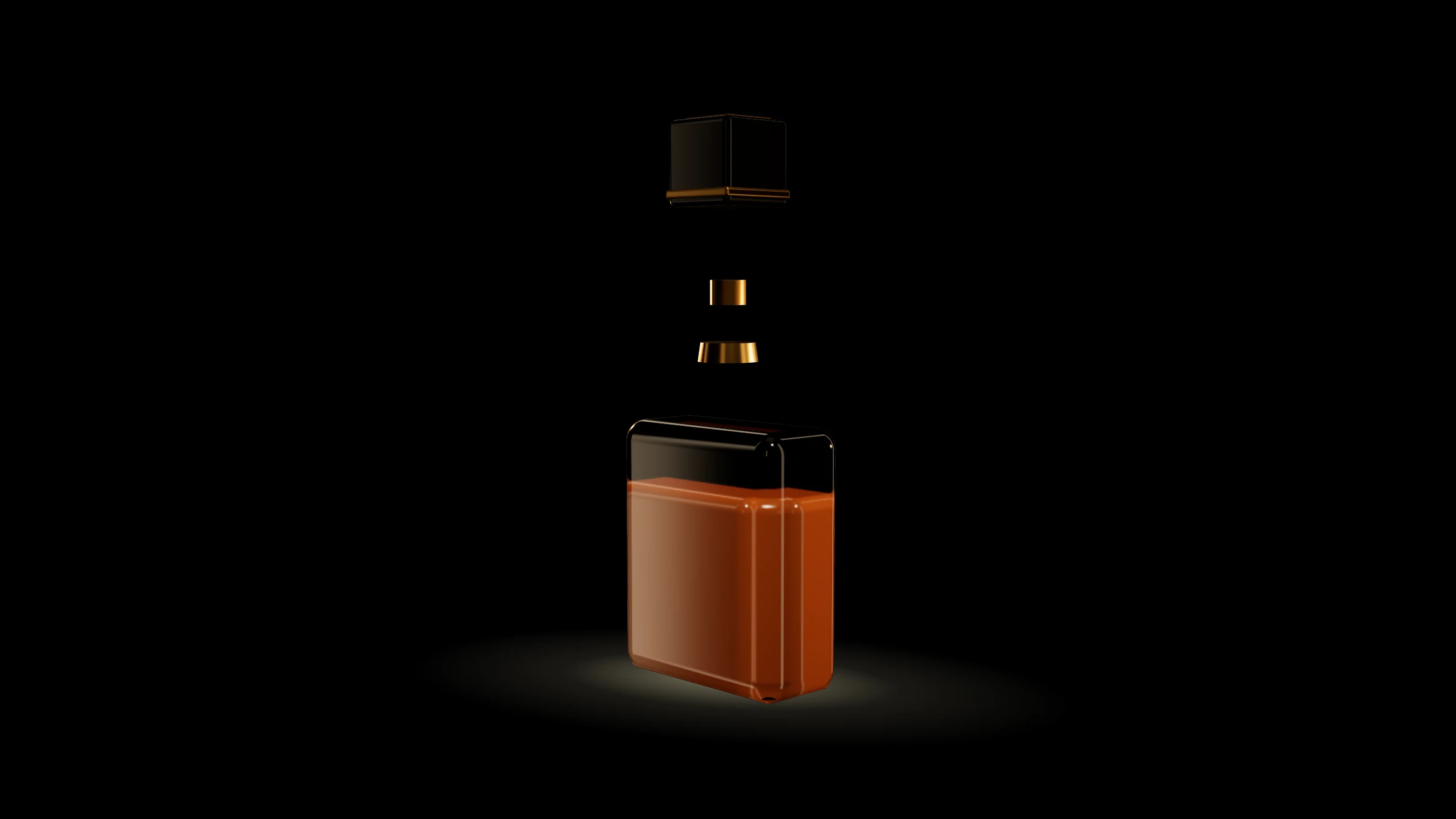 A perfume bottle in an exploded view: the black lacquered cap, gold neck and gold collar lifted above a glass flacon of amber liquid.