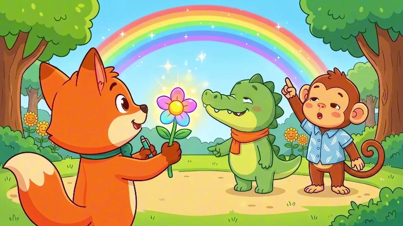 Cartoon fox holding a magic flower while a monkey and a crocodile watch under a rainbow