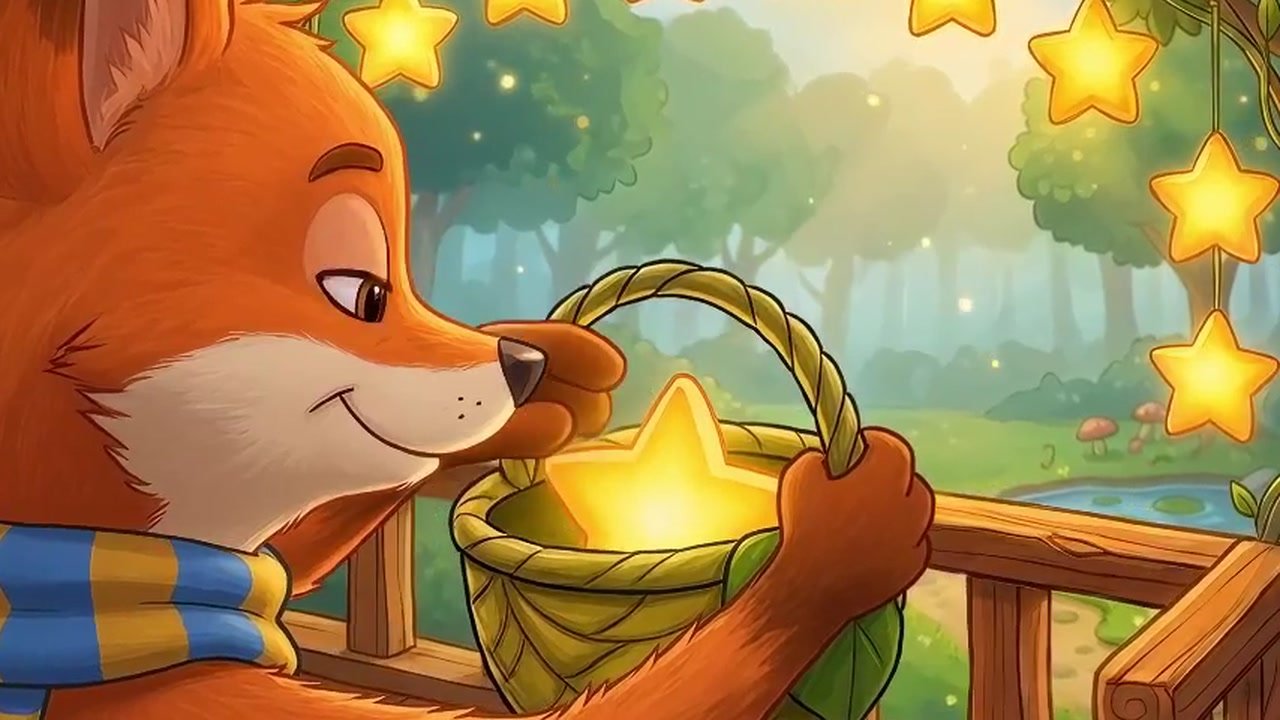 Foxy the fox smiling at a basket of glowing stars on a treehouse balcony