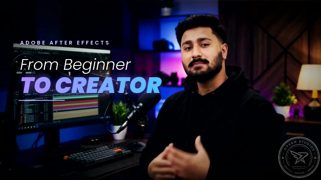 Jawad in his studio beside the title “From Beginner to Creator”