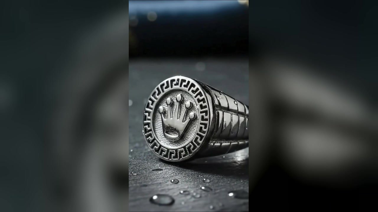 Silver crown signet ring resting on dark wet stone