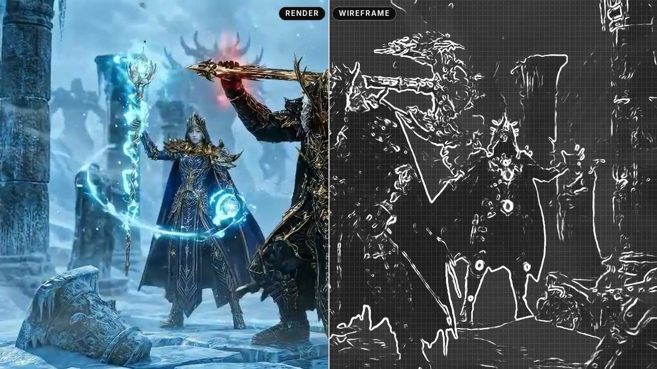 Split view of the hero party: the final render on the left and a wireframe-style breakdown on the right