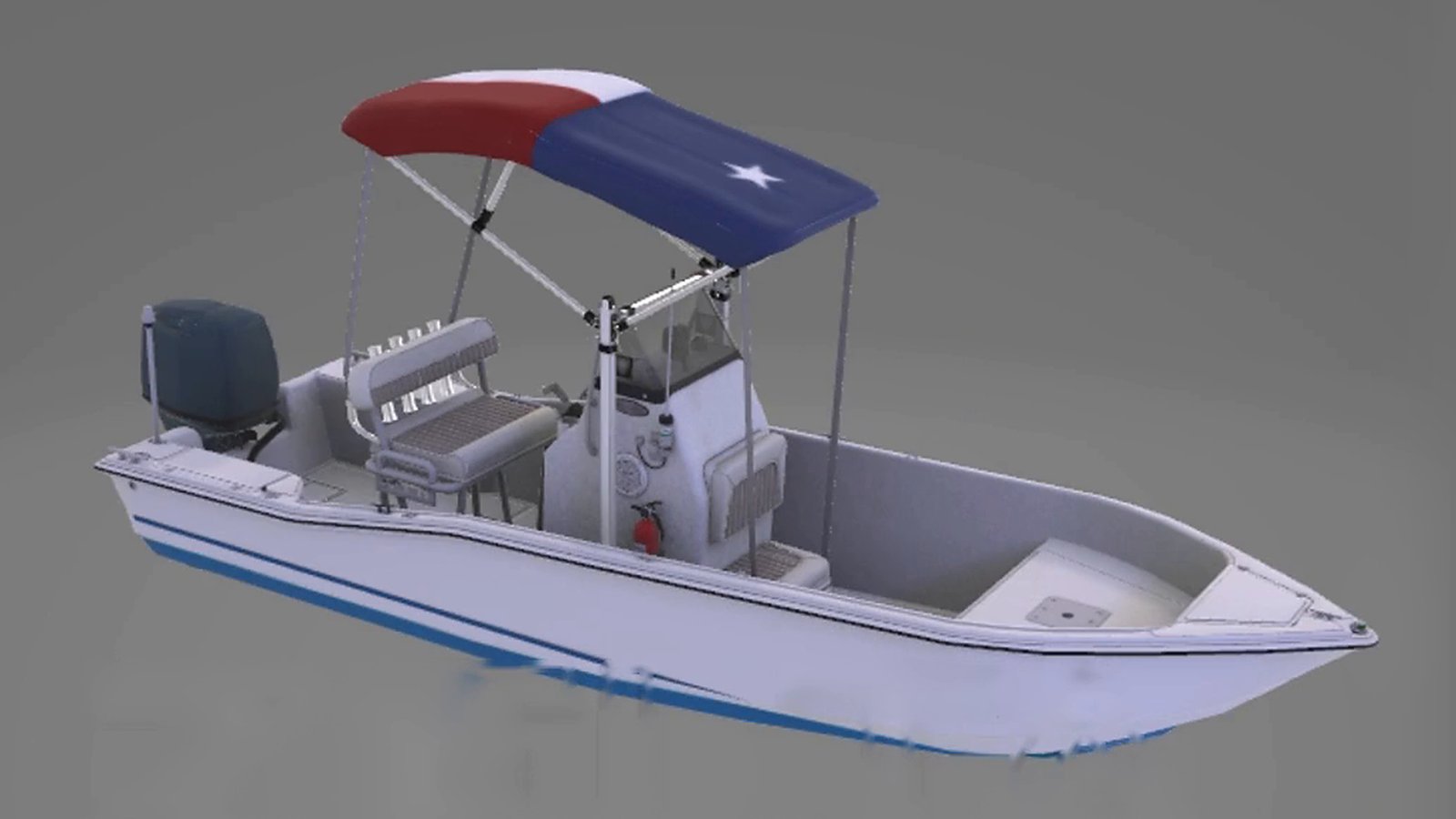 Side profile of the 3D center-console boat with its Texas-flag canopy