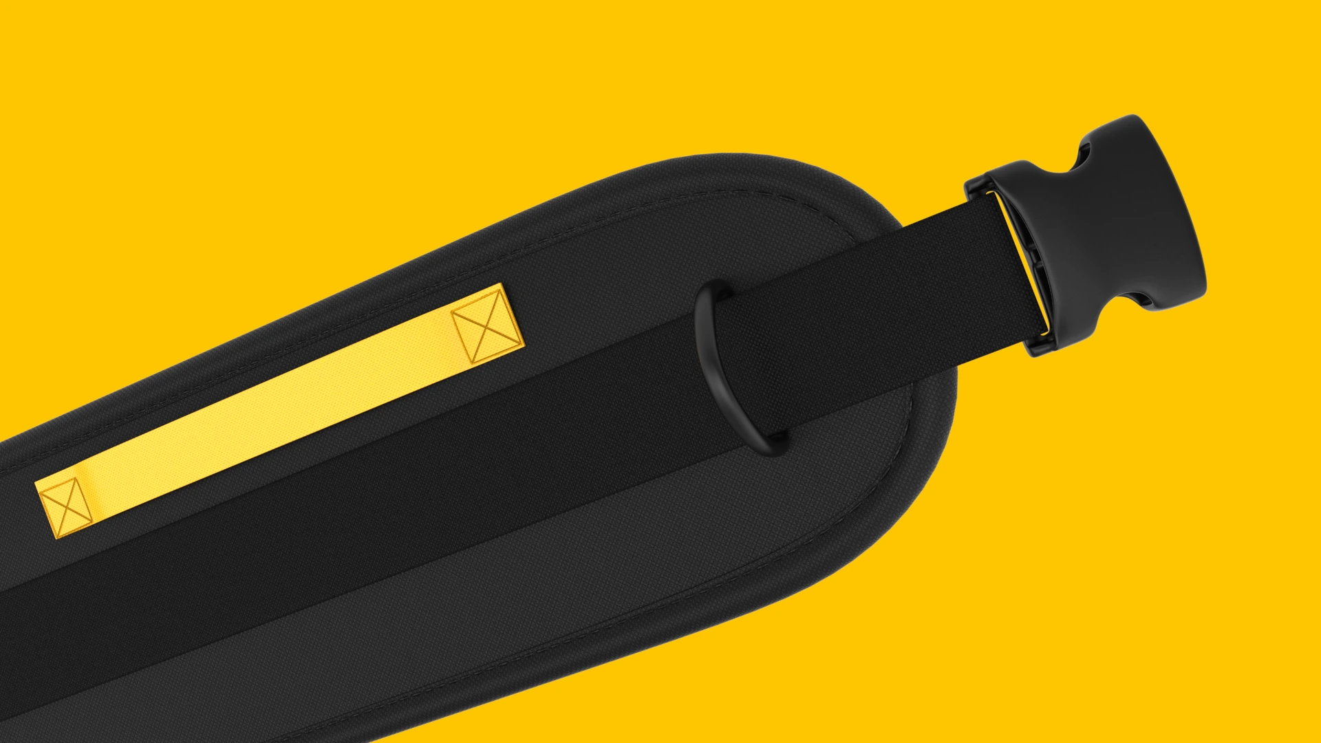 TANGO belt 3D render, front view with yellow branded tag, on a yellow background