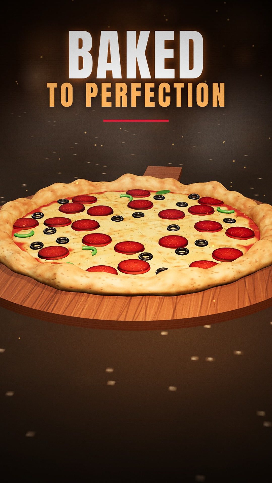 3D pepperoni pizza on a wooden board under the title “Baked to Perfection”