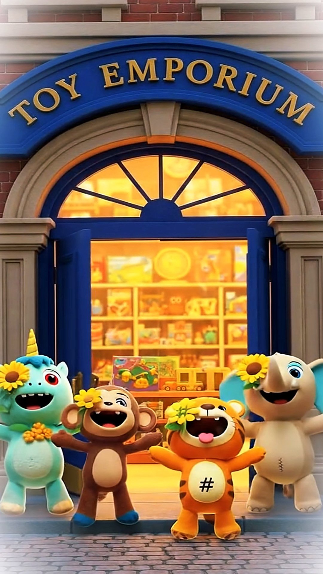 Plush toy characters outside the Toy Emporium